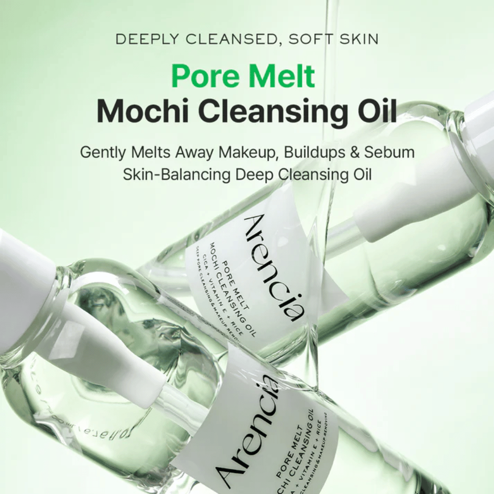Produktový obrázok s výhodami pre Arencia Pore Melt Mochi Cleansing Oil, rozpúšťa make-up a maz, podporuje kožnú bariéru a zanecháva pokožku jemnú bez napätia.