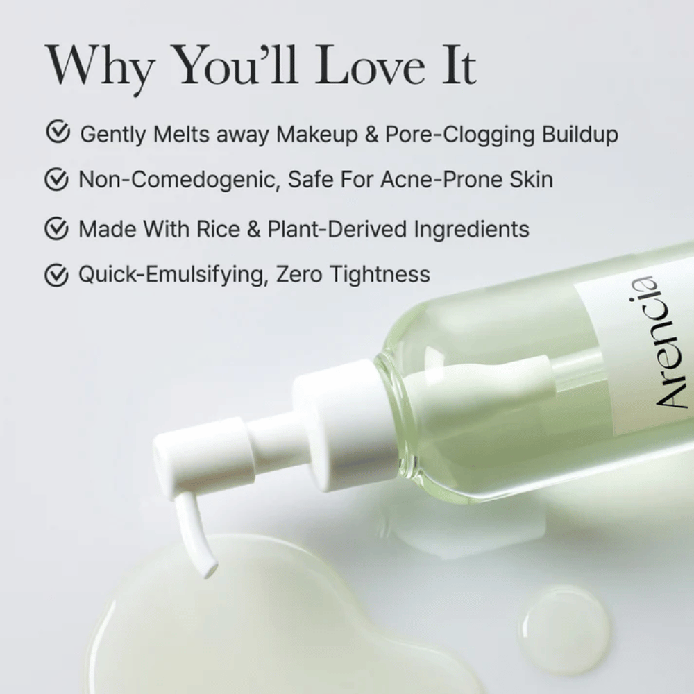 Informačný obrázok o Arencia Pore Melt Mochi Cleansing Oil, ktorý je 100 % priateľský k pórom a nekomedogénny, navrhnutý pre citlivú a aknóznu pleť.