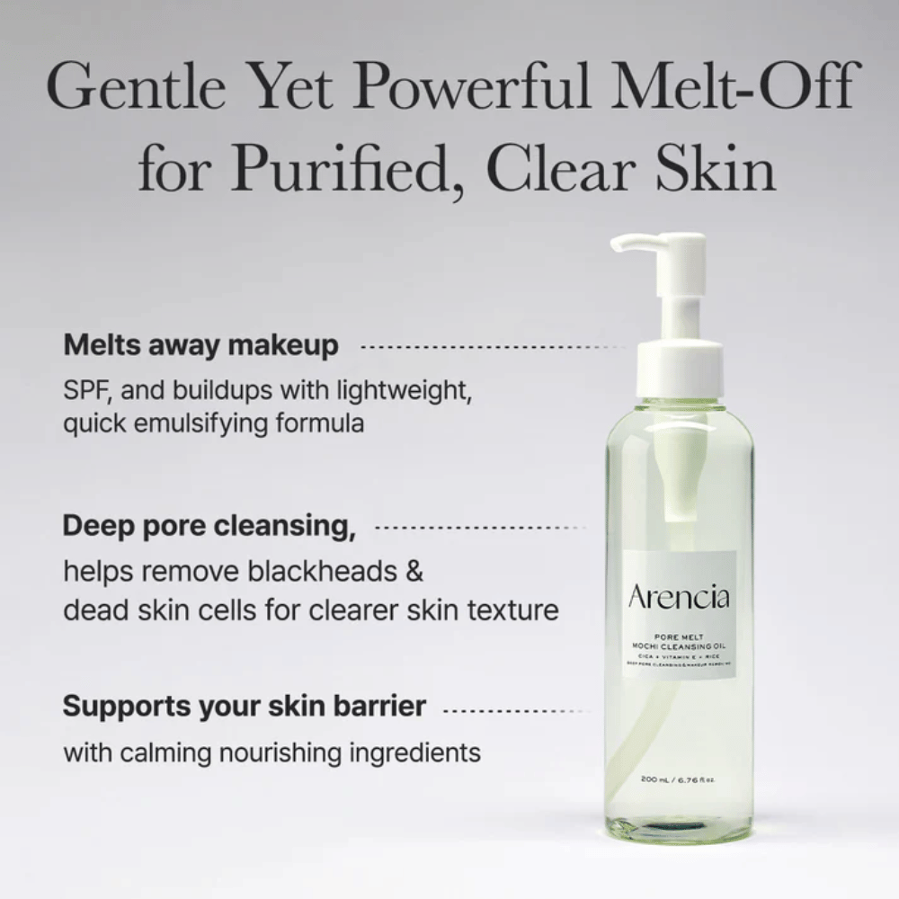 Arencia Pore Melt Mochi Cleansing Oil v plnej veľkosti s textom o hĺbkovom čistení, rozpúšťa make-up, SPF a nečistoty, pričom zachováva rovnováhu vlhkosti pokožky.