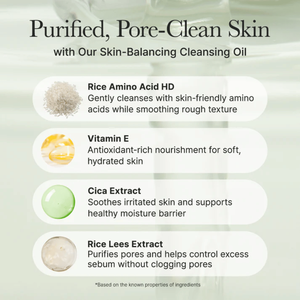 Prehľad ingrediencií pre Arencia Pore Melt Mochi Cleansing Oil s ryžovou aminokyselinou, vitamínom E, cica-extraktom a ryžovým lees extraktom pre jemné čistenie a posilnenú kožnú bariéru.