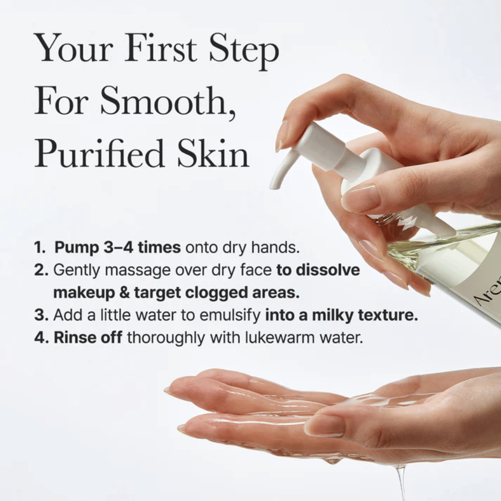 Inštruktážny obrázok, ktorý ukazuje, ako Arencia Pore Melt Mochi Cleansing Oil sa používa ako prvý krok v čistiacej rutine pre hladšiu, čistejšiu a vyváženejšiu pleť.