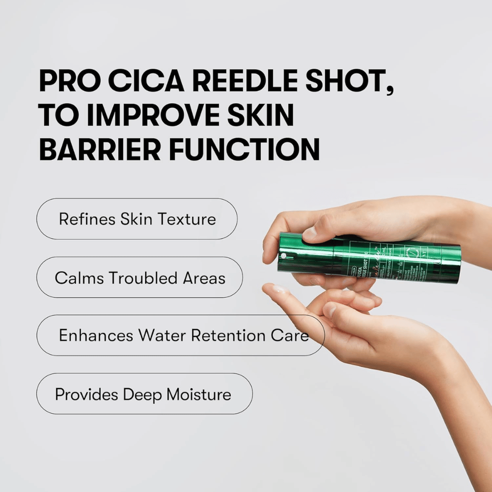 VT Cosmetics Pro Cica Reedle Shot 100 sa aplikuje na pokožku na zlepšenie kožnej bariéry, upokojenie citlivej pokožky a poskytnutie hlbokej hydratácie