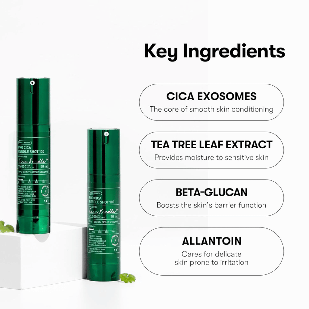 VT Cosmetics Pro Cica Reedle Shot 100 s kľúčovými zložkami ako CICA exozómy, tea tree-extrakt, beta-glukán a allantoin pre upokojujúcu a bariéru posilňujúcu starostlivosť o pokožku