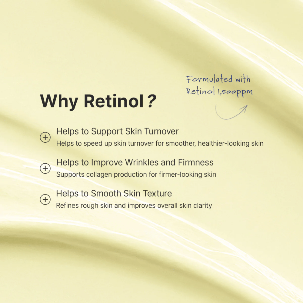 Sprievodný obrázok vysvetľujúci, ako by sa mal retinol zavádzať do rutiny starostlivosti o pleť. Dôraz sa kladie na použitie množstva vo veľkosti hrášku, začatie 1–2-krát týždenne a aplikáciu večer. Obrázok obsahuje aj dôležité informácie o opatrnosti počas tehotenstva, dojčenia a pri prípadnom podráždení.