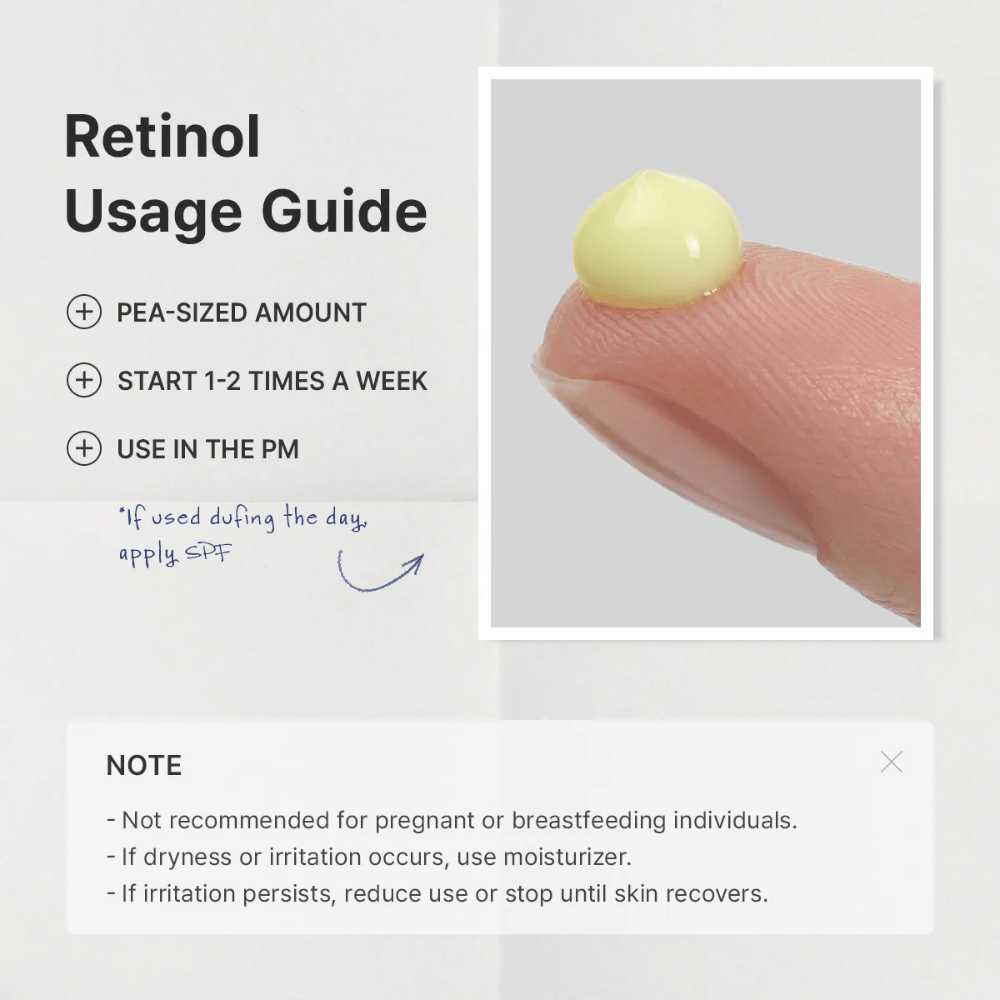 Sprievodný obrázok vysvetľujúci, ako by sa mal retinol zavádzať do rutiny starostlivosti o pleť. Dôraz sa kladie na použitie množstva vo veľkosti hrášku, začatie 1–2-krát týždenne a aplikáciu večer. Obrázok obsahuje aj dôležité informácie o opatrnosti počas tehotenstva, dojčenia a pri prípadnom podráždení.