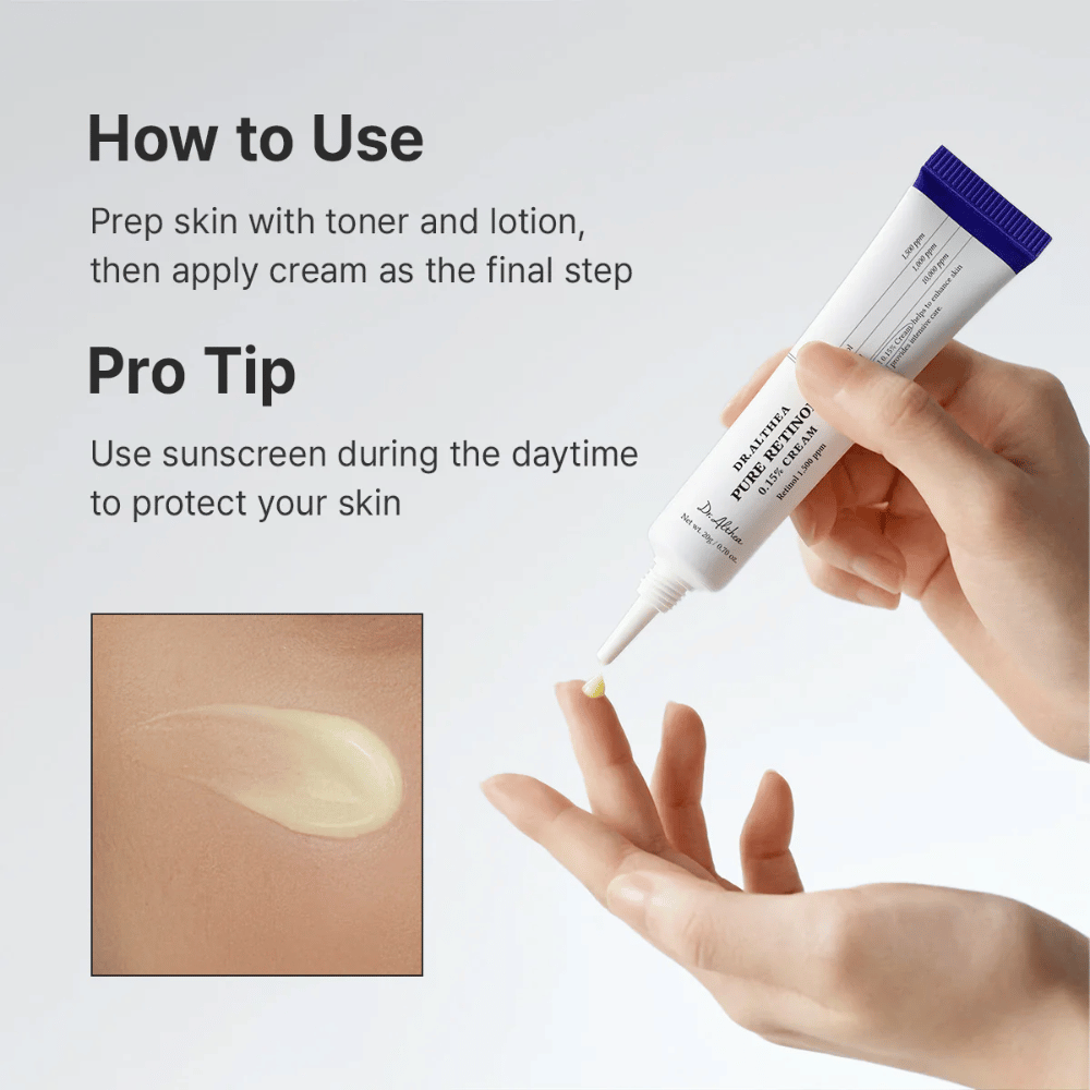 Inštruktážny obrázok ukazujúci, ako sa aplikuje Dr. Althea Pure Retinol 0.15% Cream. Ruka drží tubu, zatiaľ čo malé množstvo krému sa vytláča na konček prsta. Obrázok obsahuje aj detailný záber na svetložltú, krémovú textúru a odporúča dennú ochranu pred slnkom pri používaní retinolu.