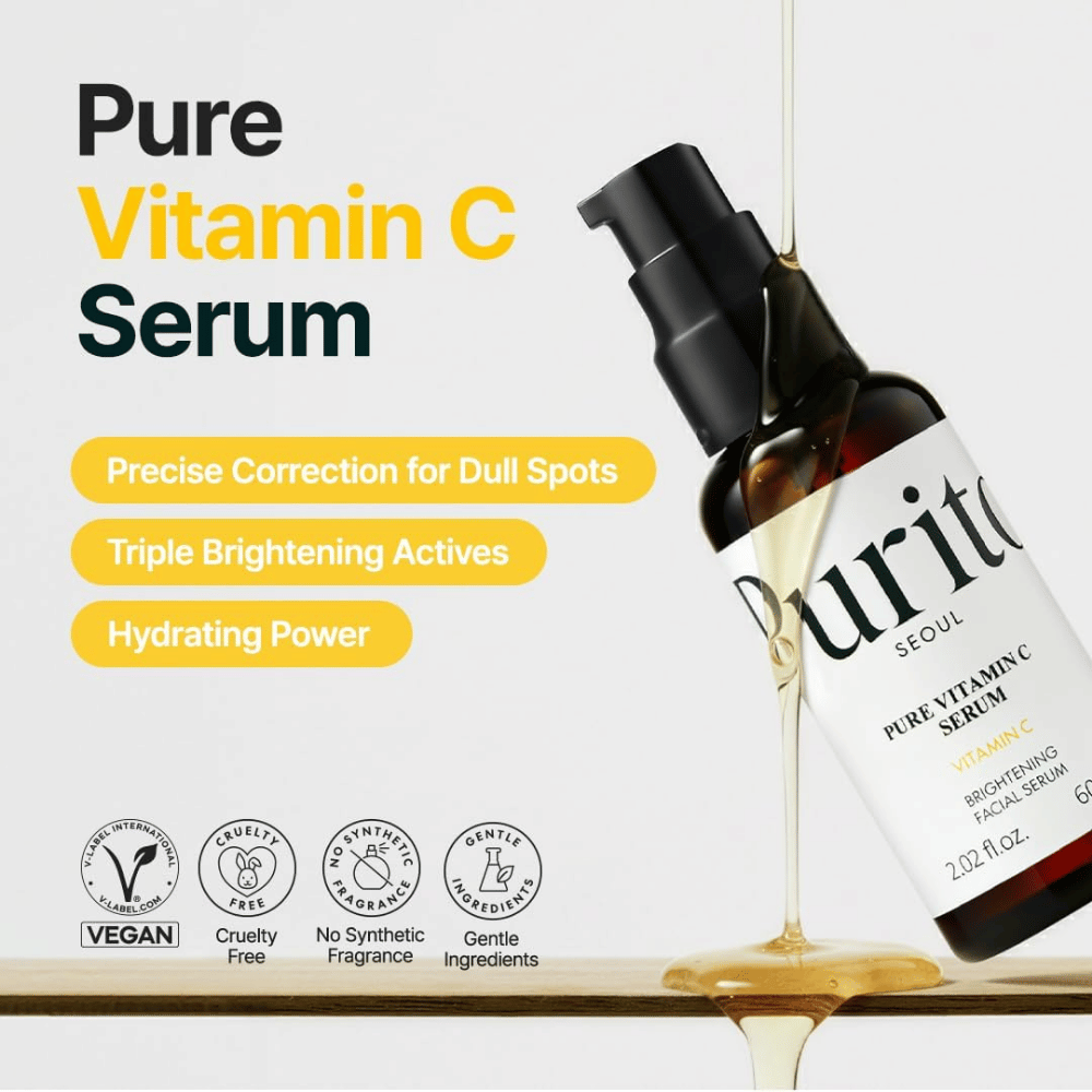 Purito SEOUL Pure Vitamin C Serum s vitamínom C, hydratačnou bambusovou vodou a rozjasňujúcimi zložkami – vegánske a cruelty-free zloženie bez syntetickej parfumácie.