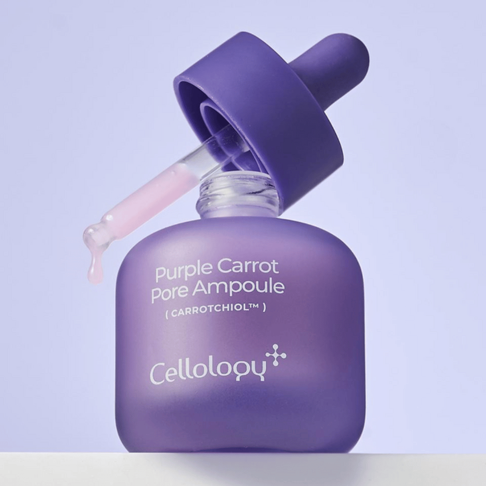 Cellology Purple Carrot Pore Ampoule s pipetou, ktorá ukazuje jemnú, krémovú konzistenciu ampulky.