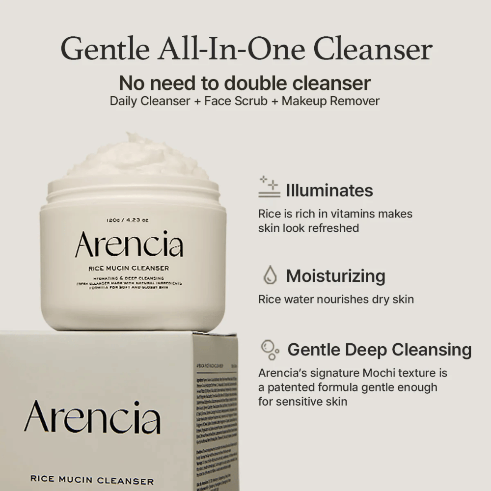 Arencia Rice Mucin Cleanser je zobrazený spolu s obalom. Text vyzdvihuje tri výhody: rozjasňujúci účinok s ryžovými vitamínmi, hydratačný účinok s ryžovou vodou a jemné hĺbkové čistenie s Mochi textúrou – všetko v jednom produkte.