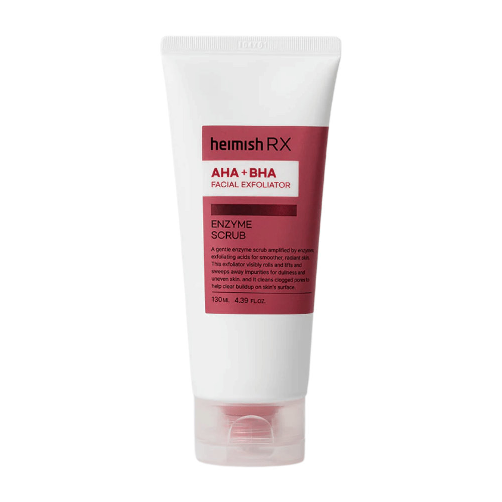 Heimish RX AHA + BHA Enzyme Scrub v bielej tube s červenou etiketou. Pleťový exfoliátor, ktorý obsahuje AHA a BHA na odstránenie nečistôt a zlepšenie textúry pokožky. Produkt je umiestnený na bielom pozadí.
