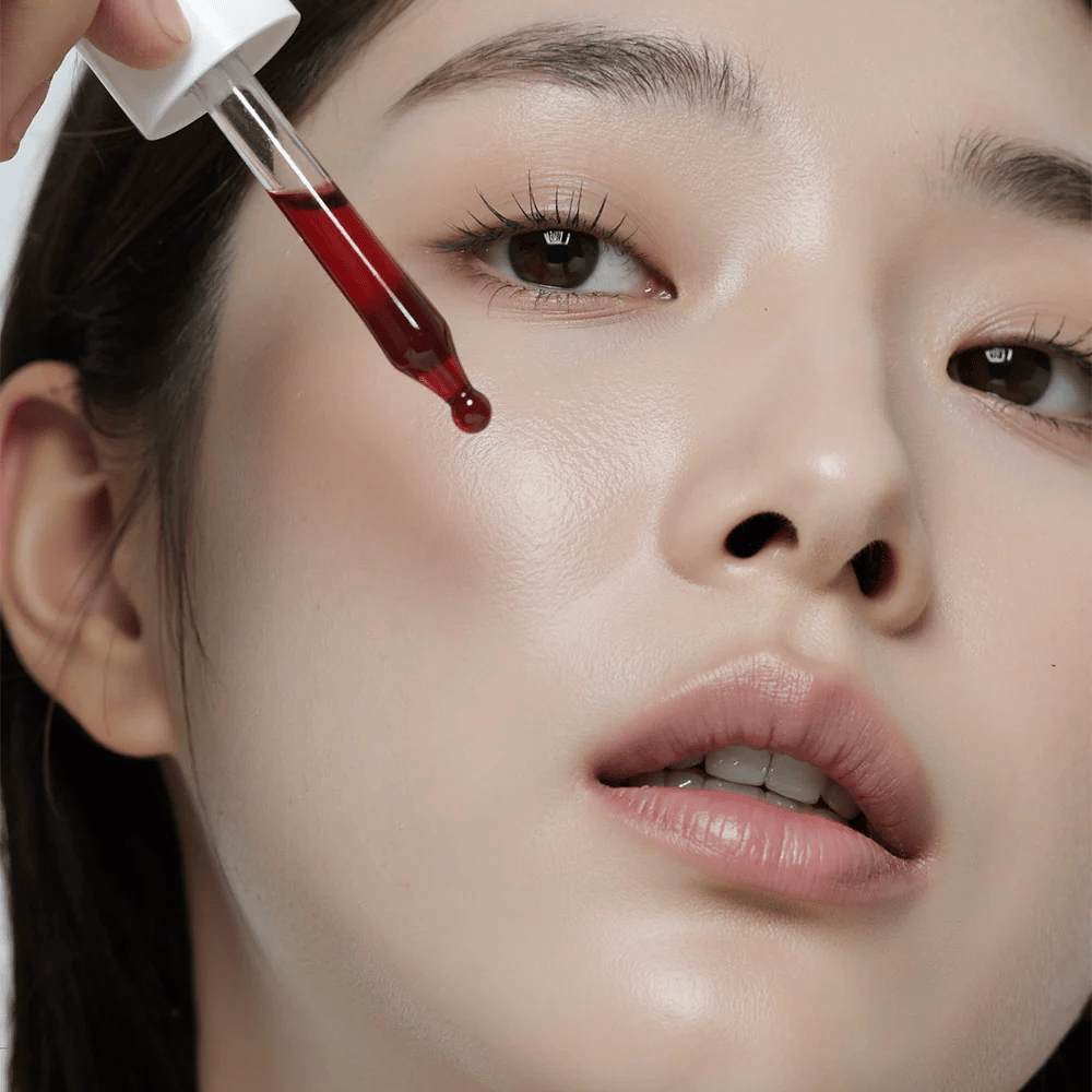 Detailný záber na ženu s hladkou pokožkou, ktorá aplikuje Heimish RX AHA BHA 30% Peeling Serum pomocou pipety, kde červená kvapka smeruje k jej lícu.