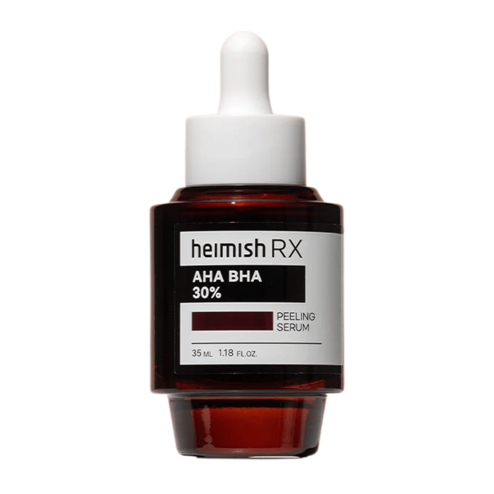 Heimish RX AHA BHA 30% Peeling Serum v tmavočervenej sklenenej fľaši s pipetou, navrhnuté na exfoliáciu a zlepšenie textúry pokožky.