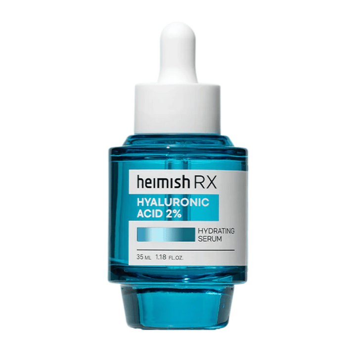 Heimish RX Hyaluronic Acid 2% Hydrating Serum v modrej sklenenej fľaši s pipetovým uzáverom, navrhnutý pre intenzívnu hydratáciu pokožky.