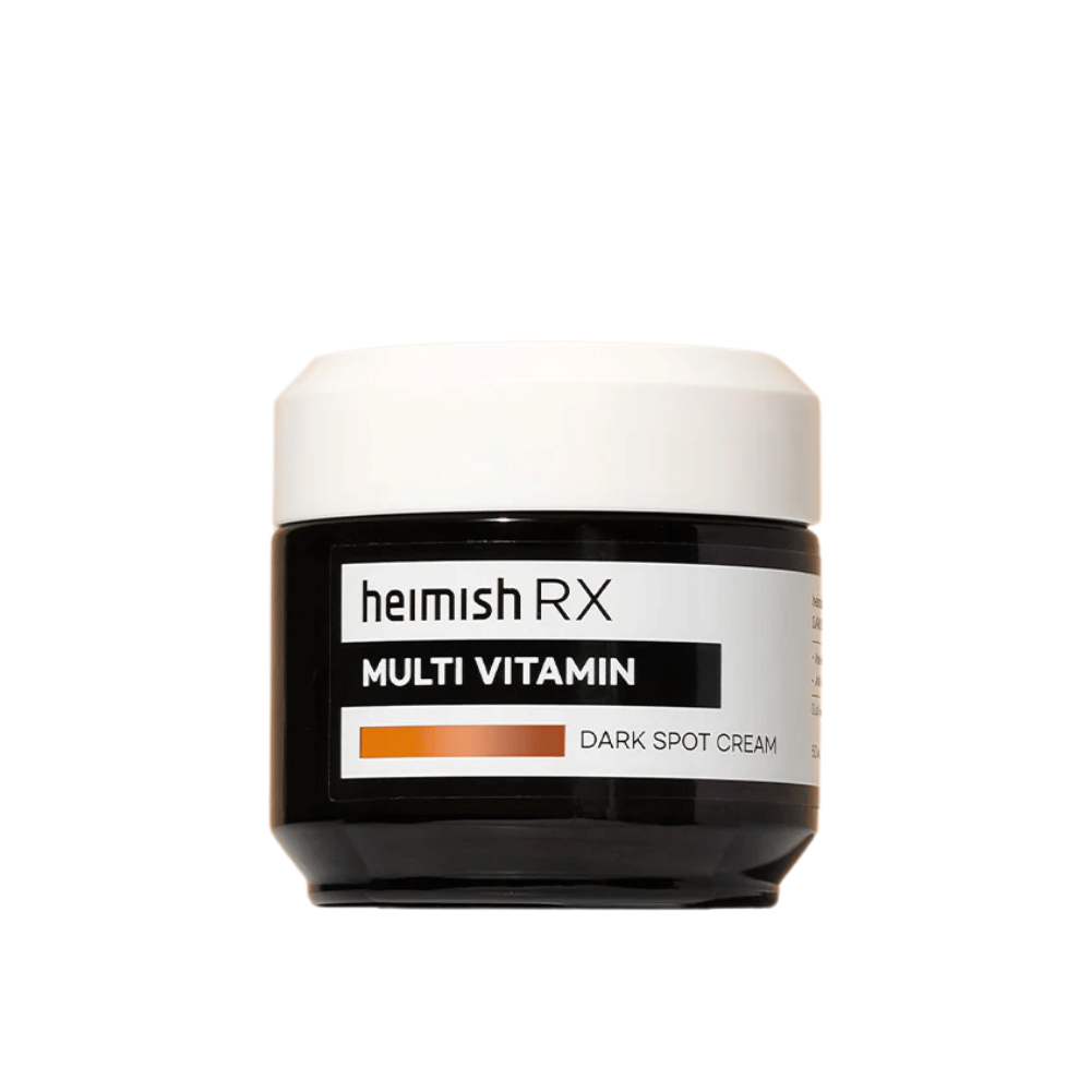 Heimish RX Multi Vitamin Dark Spot Cream v štýlovej čiernej nádobe s bielym viečkom. Pleťový krém obohatený o multivitamíny, vyvinutý na redukciu tmavých škvŕn a vyrovnanie tónu pleti.