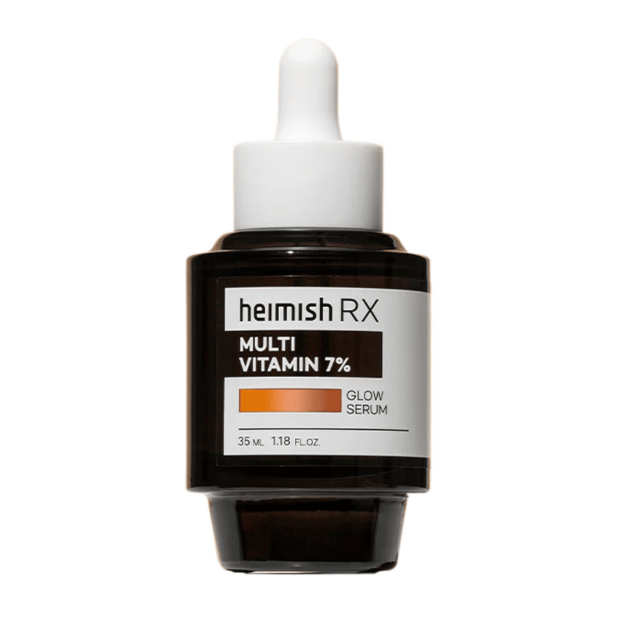 Heimish RX Multi Vitamin 7% Glow Serum v tmavej sklenenej fľaštičke s pipetovým uzáverom, navrhnuté tak, aby dodalo pleti žiarivosť a výživu.