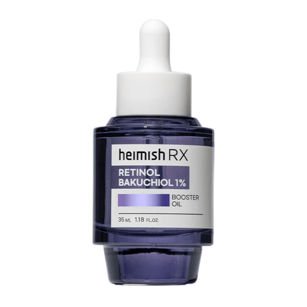 Heimish RX Retinol Bakuchiol Booster Oil v elegantnej fialovej sklenenej fľaštičke s pipetou, navrhnutá na zlepšenie elasticity pokožky a redukciu jemných liniek.