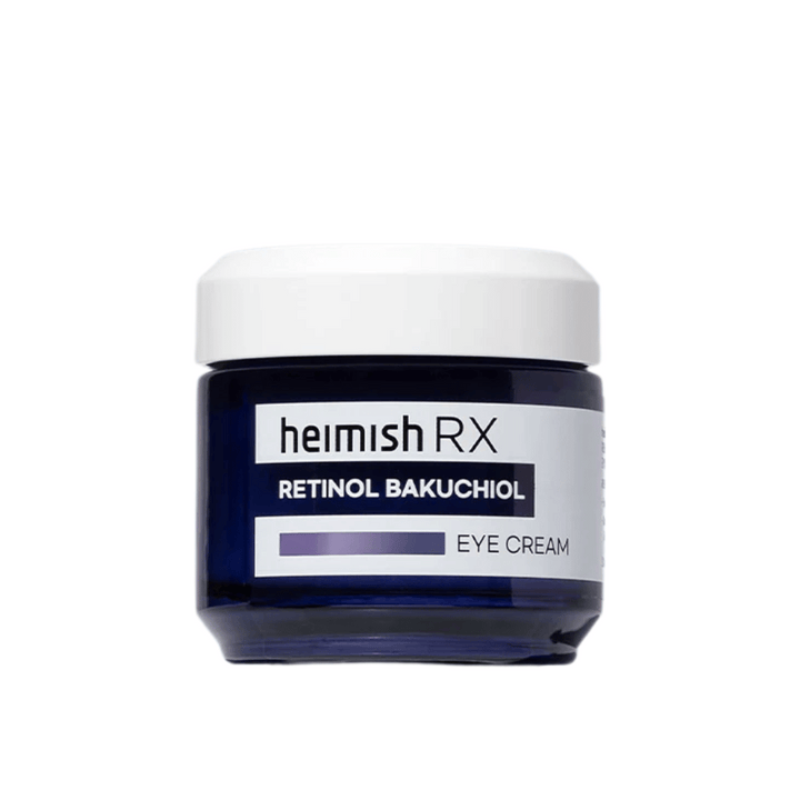Heimish RX Retinol Bakuchiol Eye Cream v tmavomodrej nádobe s bielym viečkom. Očný krém obohatený o retinol a bakuchiol pre hladšiu a pevnejšiu pokožku okolo očí.