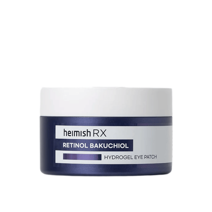 Heimish RX Retinol Bakuchiol Hydrogel Eye Patch v tmavomodrej nádobe s bielym vrchnákom. Intenzívne hydratujúce a spevňujúce očné náplasti pre mladistvý vzhľad.