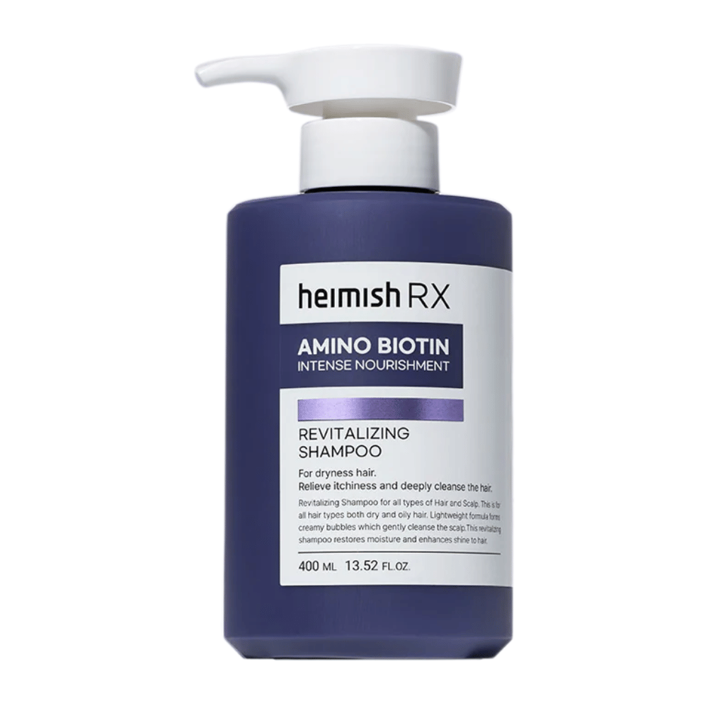 Heimish RX Amino Biotin Revitalizing Shampoo 400 ml – výživný šampón pre suché a bezživotné vlasy, s biotínom a aminokyselinami na posilnenie a hydratáciu vlasov a pokožky hlavy.