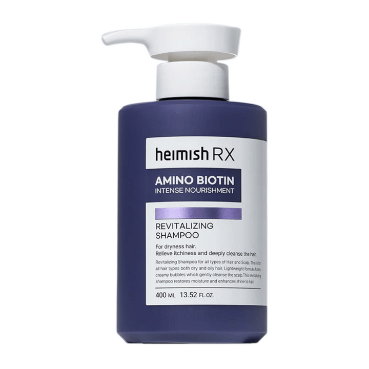 Heimish RX Amino Biotin Revitalizing Shampoo 400 ml – výživný šampón pre suché a bezživotné vlasy, s biotínom a aminokyselinami na posilnenie a hydratáciu vlasov a pokožky hlavy.