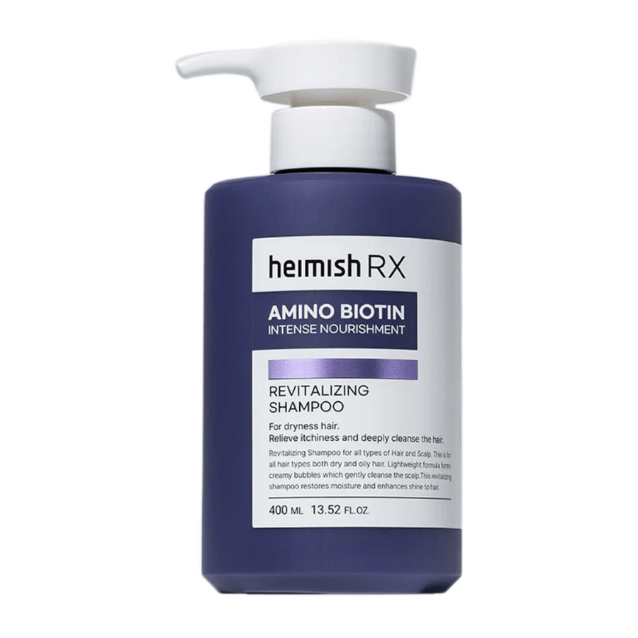 Heimish RX Amino Biotin Revitalizing Shampoo 400 ml – výživný šampón pre suché a bezživotné vlasy, s biotínom a aminokyselinami na posilnenie a hydratáciu vlasov a pokožky hlavy.