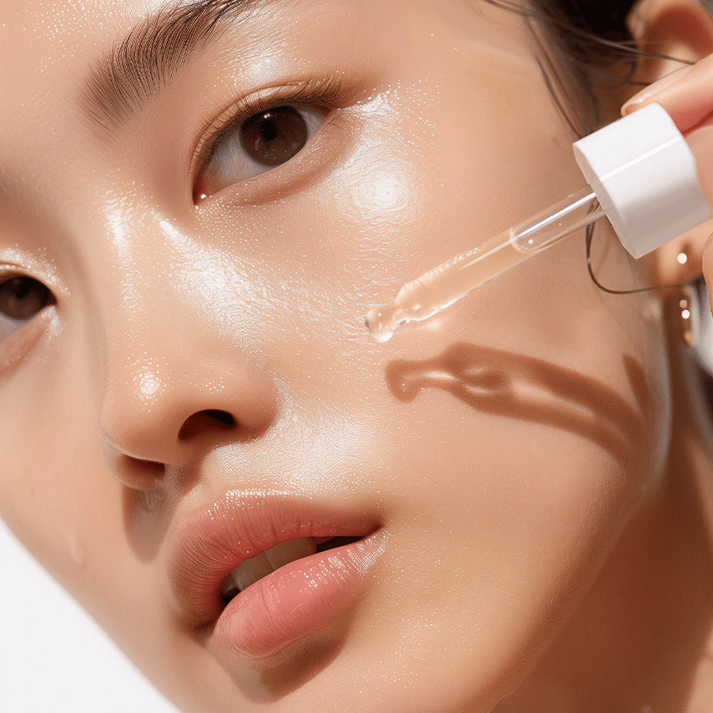 Detailný záber osoby so žiarivou pokožkou, ktorá aplikuje Heimish RX Retinol Bakuchiol Booster Oil pipetou. Olej sa opatrne kvapká na líce pre intenzívnu hydratáciu a výživu.