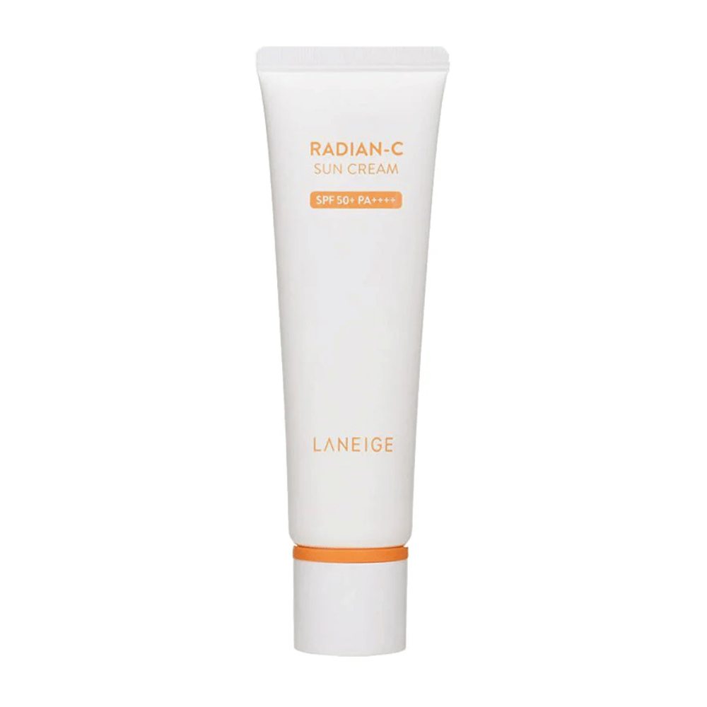 LANEIGE Radian-C Sun Cream SPF 50+ PA++++ v bielej tube s oranžovým textom, na bielom pozadí.