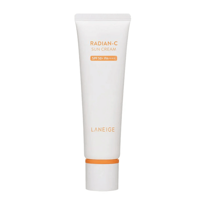 LANEIGE Radian-C Sun Cream SPF 50+ PA++++ v bielej tube s oranžovým textom, na bielom pozadí.
