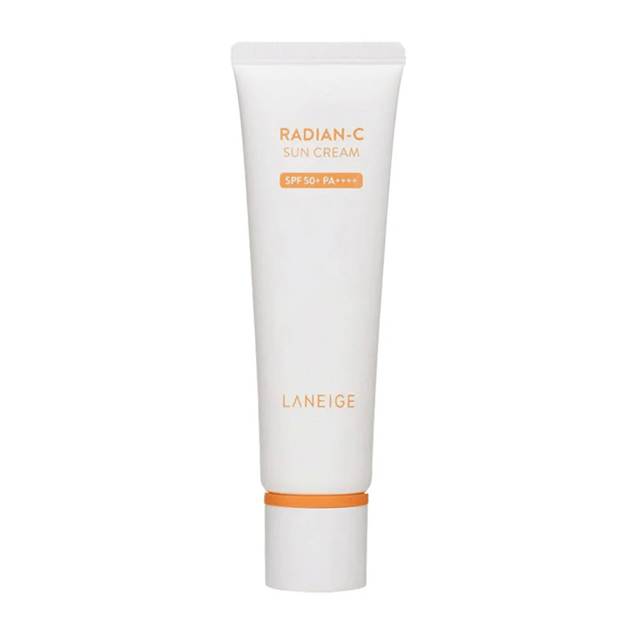 LANEIGE Radian-C Sun Cream SPF 50+ PA++++ v bielej tube s oranžovým textom, na bielom pozadí.