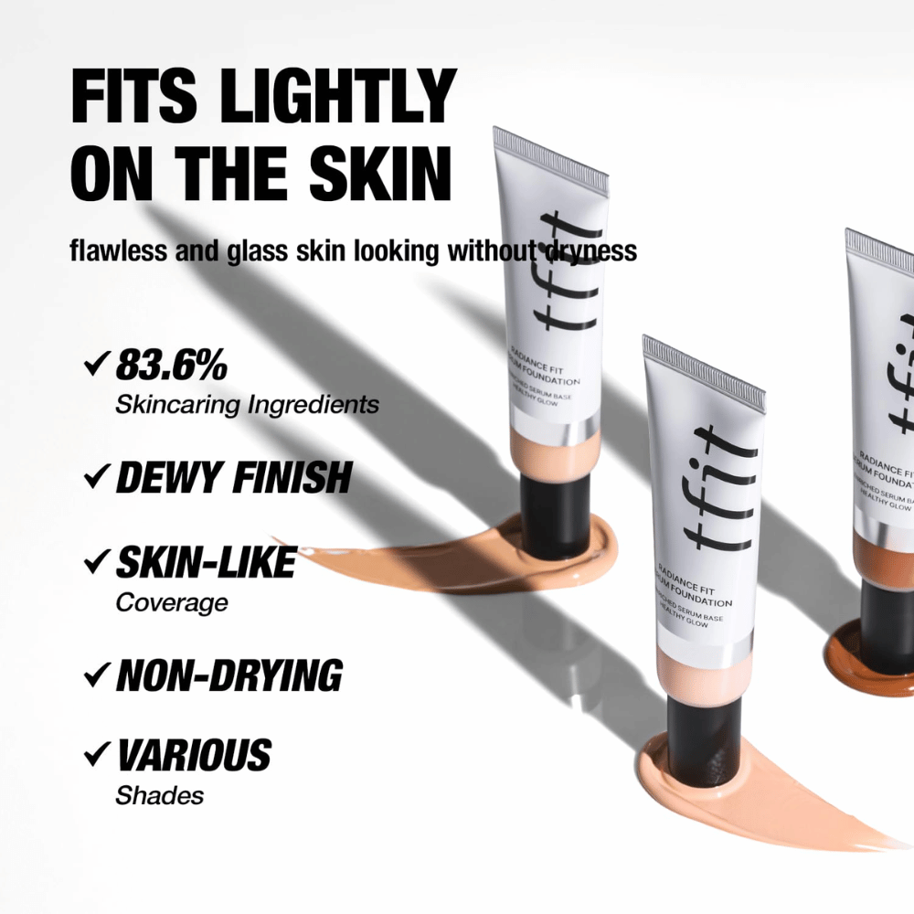 Tuby TFIT Radiance Fit Serum Foundation umiestnené na kréme s textom, ktorý zdôrazňuje vlastnosti produktu, vrátane hydratačných zložiek, sviežeho finišu a krytia podobného pokožke.