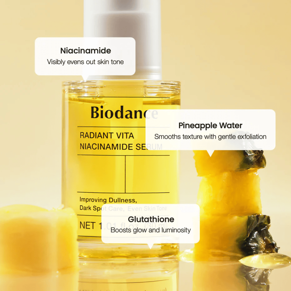 Biodance Radiant Vita Niacinamide Serum s niacínamidom, ananásovou vodou a glutathionom pre žiarivosť, rovnomerný tón pleti a jemnú exfoliáciu