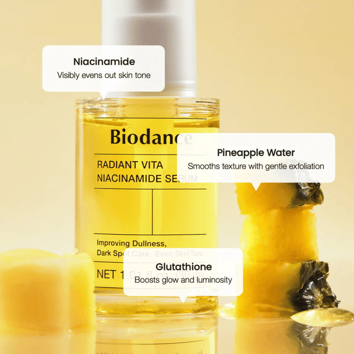 Biodance Radiant Vita Niacinamide Serum s niacínamidom, ananásovou vodou a glutathionom pre žiarivosť, rovnomerný tón pleti a jemnú exfoliáciu