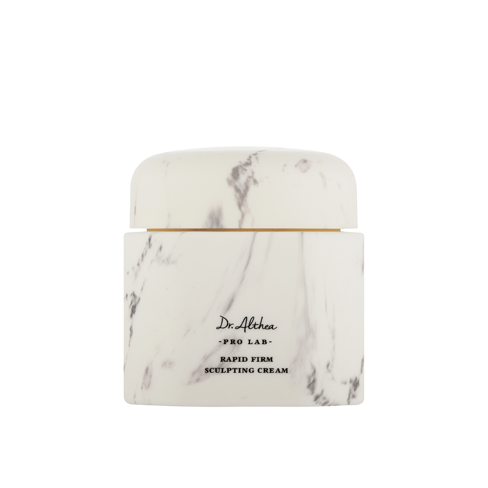Dr. Althea Pro Lab Rapid Firm Sculpting Cream v štýlovej mramorovanej nádobe. Luxusný pleťový krém, ktorý spevňuje a hydratuje pokožku, so zameraním na zdvihnutie a podporu mladistvého vzhľadu.
