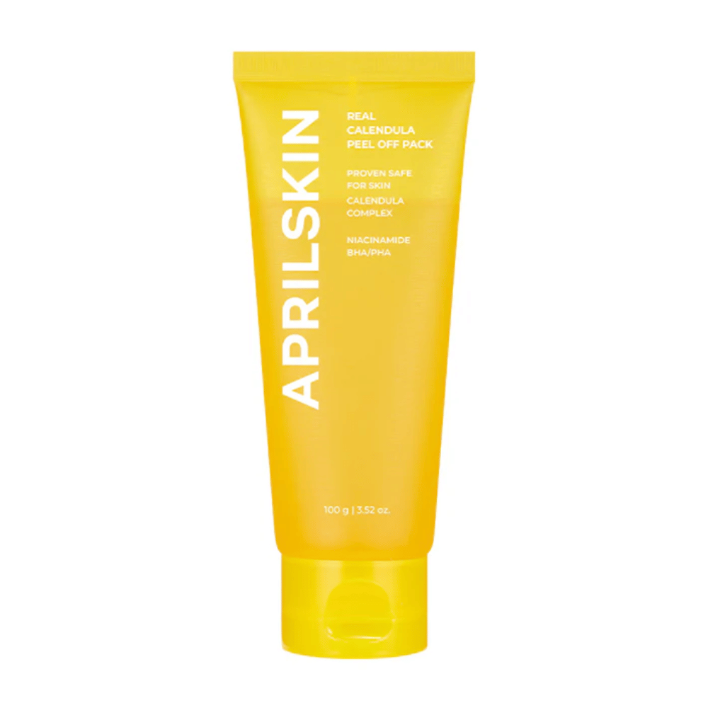 Obrázok ukazuje žltú tubu s "Real Calendula Peel Off Pack" od APRILSKIN. Produkt obsahuje zložky ako nechtík, niacínamid, ako aj BHA a PHA na jemnú exfoliáciu pokožky.