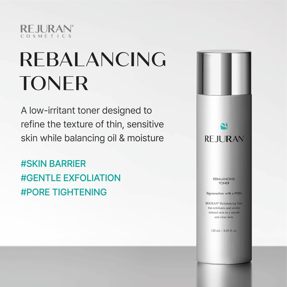 Rejuran Rebalancing Toner 120 ml, jemne exfoliačná pleťová voda s C-PDRN pre citlivú pleť. Strieborná fľaša s výhodami produktu.