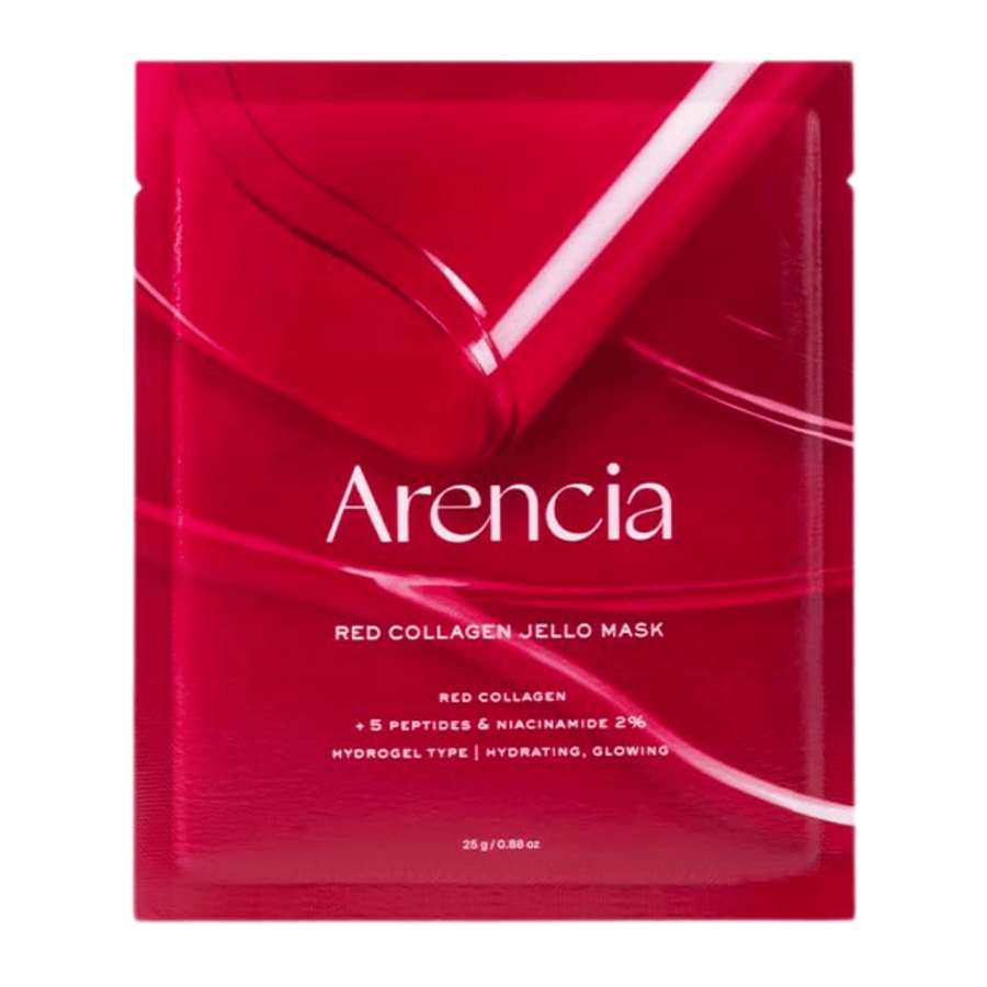 Detailný pohľad na Arencia Red Collagen Jello Mask ukazujúci gélovú konzistenciu a sérum bohatú masku pre intenzívnu kolagénovú starostlivosť.