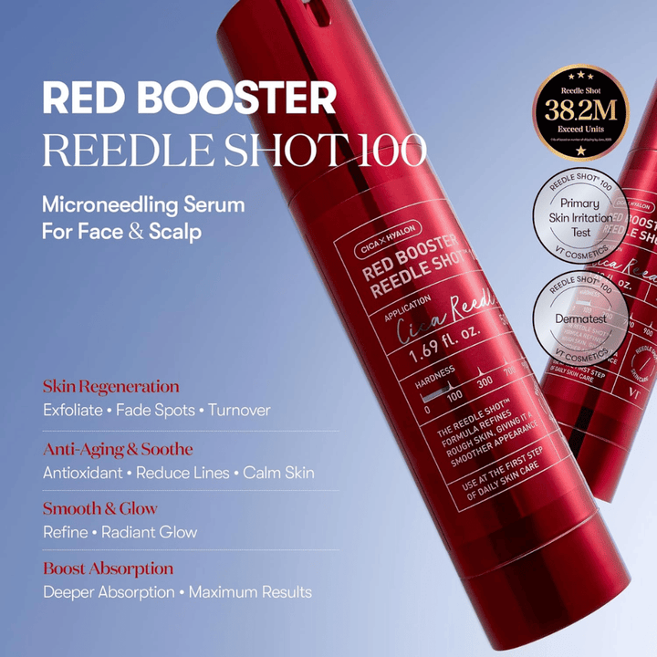 VT Cosmetics Red Booster Reedle Shot 100 microneedling-sérum pre tvár a pokožku hlavy, navrhnuté pre obnovu pokožky, zvýšenú absorpciu, anti-age efekt, rovnomernejší tón pleti a prirodzený lesk.