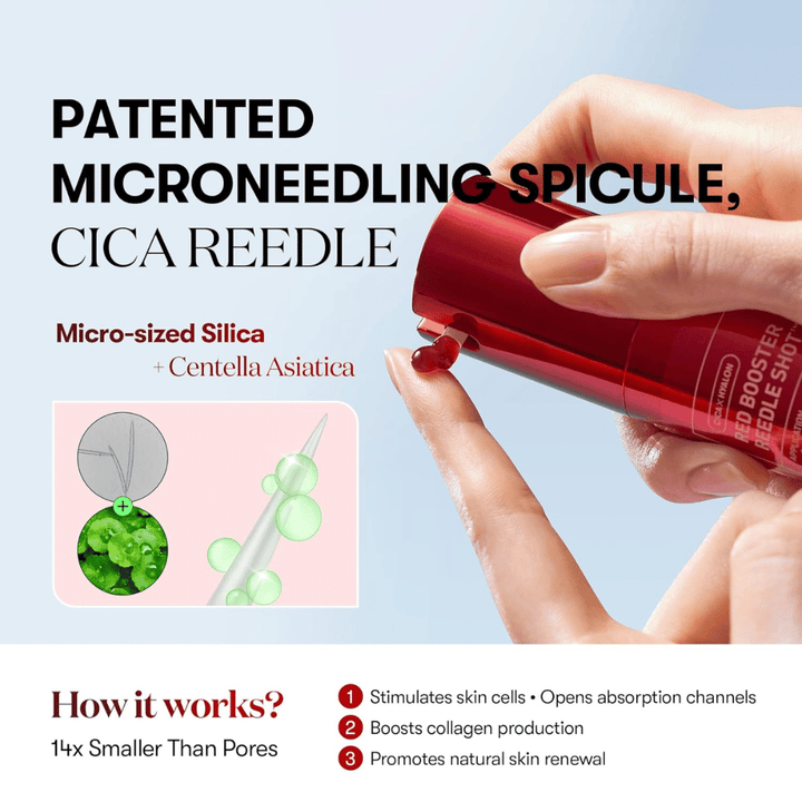 Detailný záber na VT Cosmetics Red Booster Reedle Shot 100, ktorý ukazuje patentovanú microneedling-spikulu s CICA Reedle, mikroskopickou silikou a Centella Asiatica, ktorá stimuluje obnovu pokožky a kolagén.
