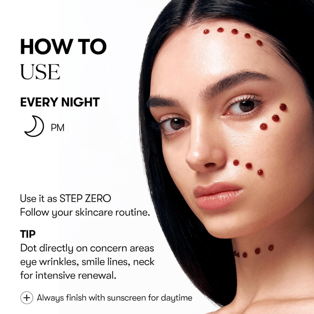 Modelka ukazuje, ako sa VT Cosmetics Red Booster Reedle Shot 100 aplikuje bodovo na tvár večer, ako prvý krok v rutine starostlivosti o pleť, pre intenzívnu obnovu vrások, línií a štruktúry pokožky.