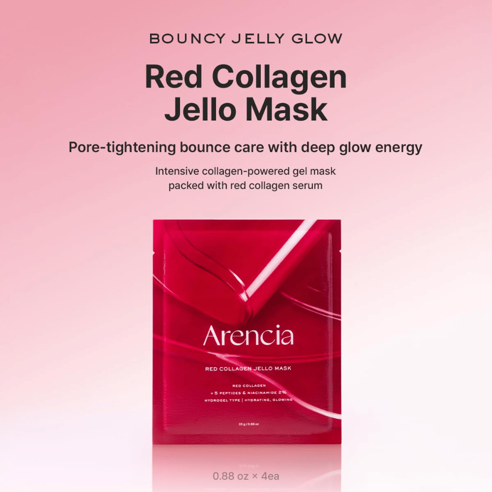 Arencia Red Collagen Jello Mask v originálnom balení – kórejská hydrogelová maska s červeným kolagénom a peptidmi pre napnutú, hydratovanú a žiarivú pokožku.