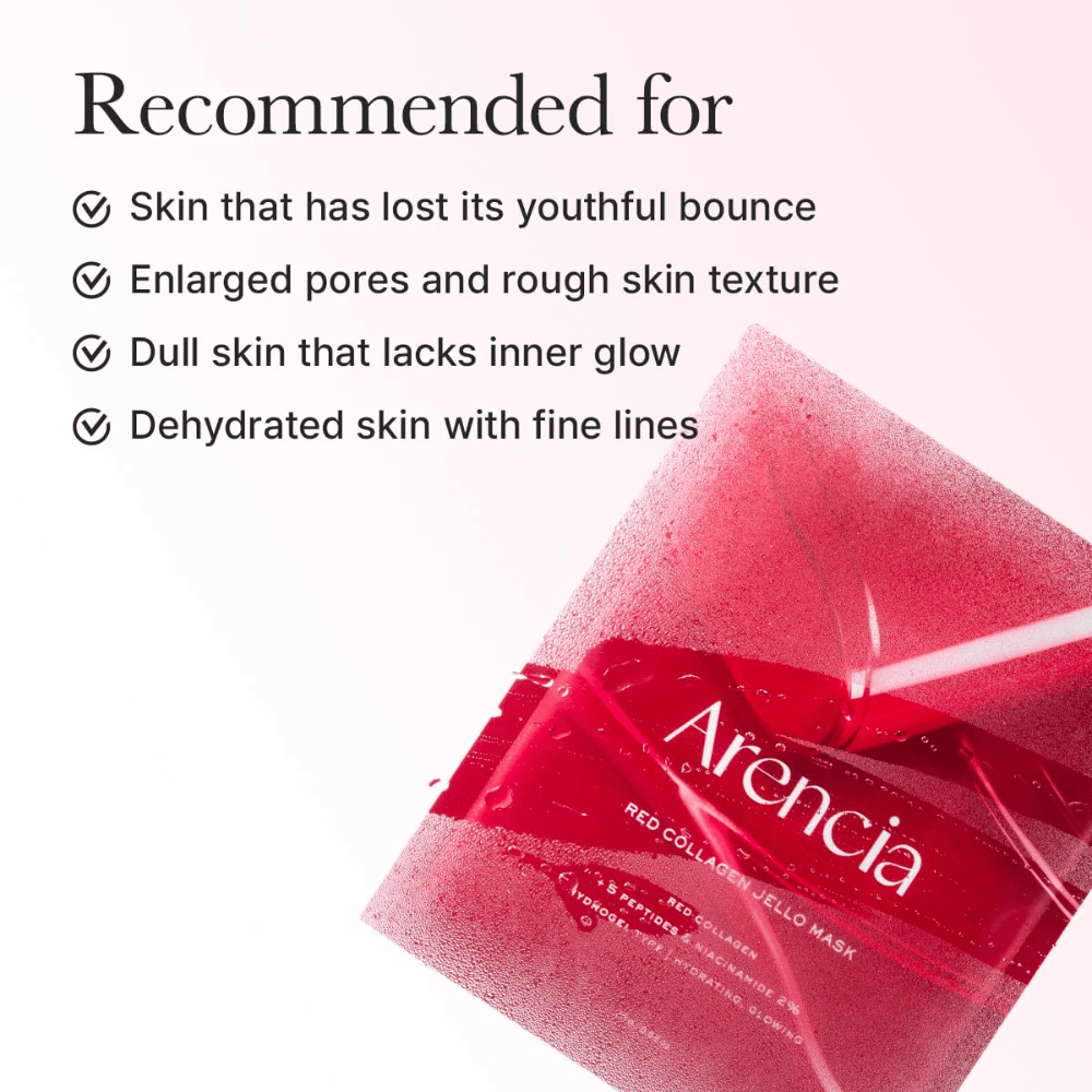 Arencia Red Collagen Jello Mask sa odporúča pre unavenú pokožku, zväčšené póry, nerovnomernú štruktúru pokožky a dehydratovanú pokožku s jemnými vráskami.