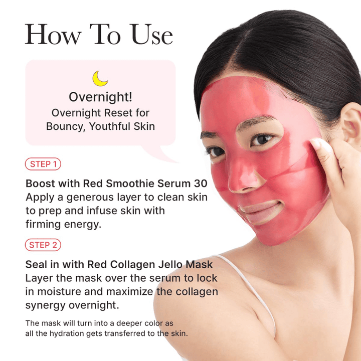 Návod na použitie pre Arencia Red Collagen Jello Mask ako nočnú masku – aplikujte po sére na spevnenie, hĺbkovú hydratáciu a mladistvú pleť cez noc.