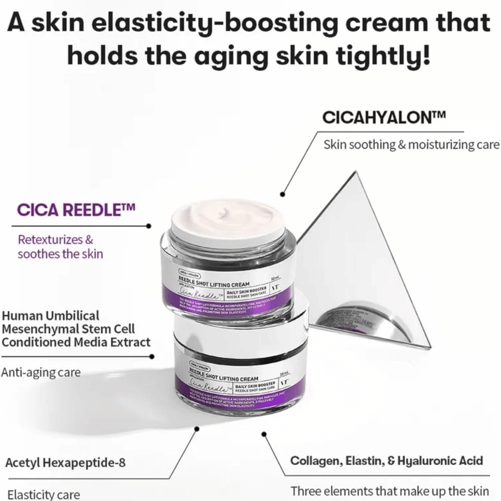 VT Cosmetics Reedle Shot Lifting Cream pleťový krém s Cica Reedle, ktorý zlepšuje elasticitu pleti, hydratuje a dodáva pleti pevnejší vzhľad.