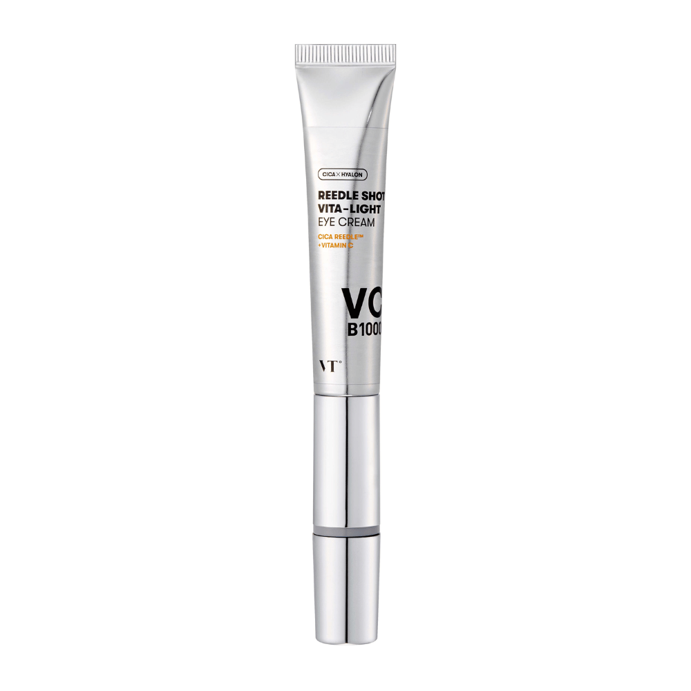 VT Reedle Shot Vita-Light Eye Cream v striebornom obale s CICA, vitamínom C a hydratačnými zložkami na rozjasnenie a upokojenie oblasti pod očami.