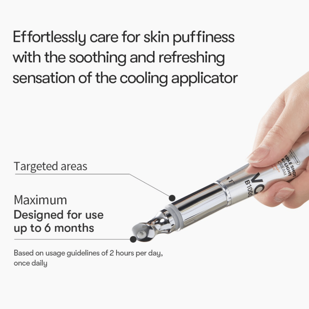 VT Reedle Shot Vita-Light Eye Cream s chladiacim aplikátorom, ktorý znižuje opuch a poskytuje osviežujúci pocit pri používaní okolo očí.