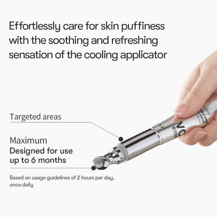 VT Reedle Shot Vita-Light Eye Cream s chladiacim aplikátorom, ktorý znižuje opuch a poskytuje osviežujúci pocit pri používaní okolo očí.