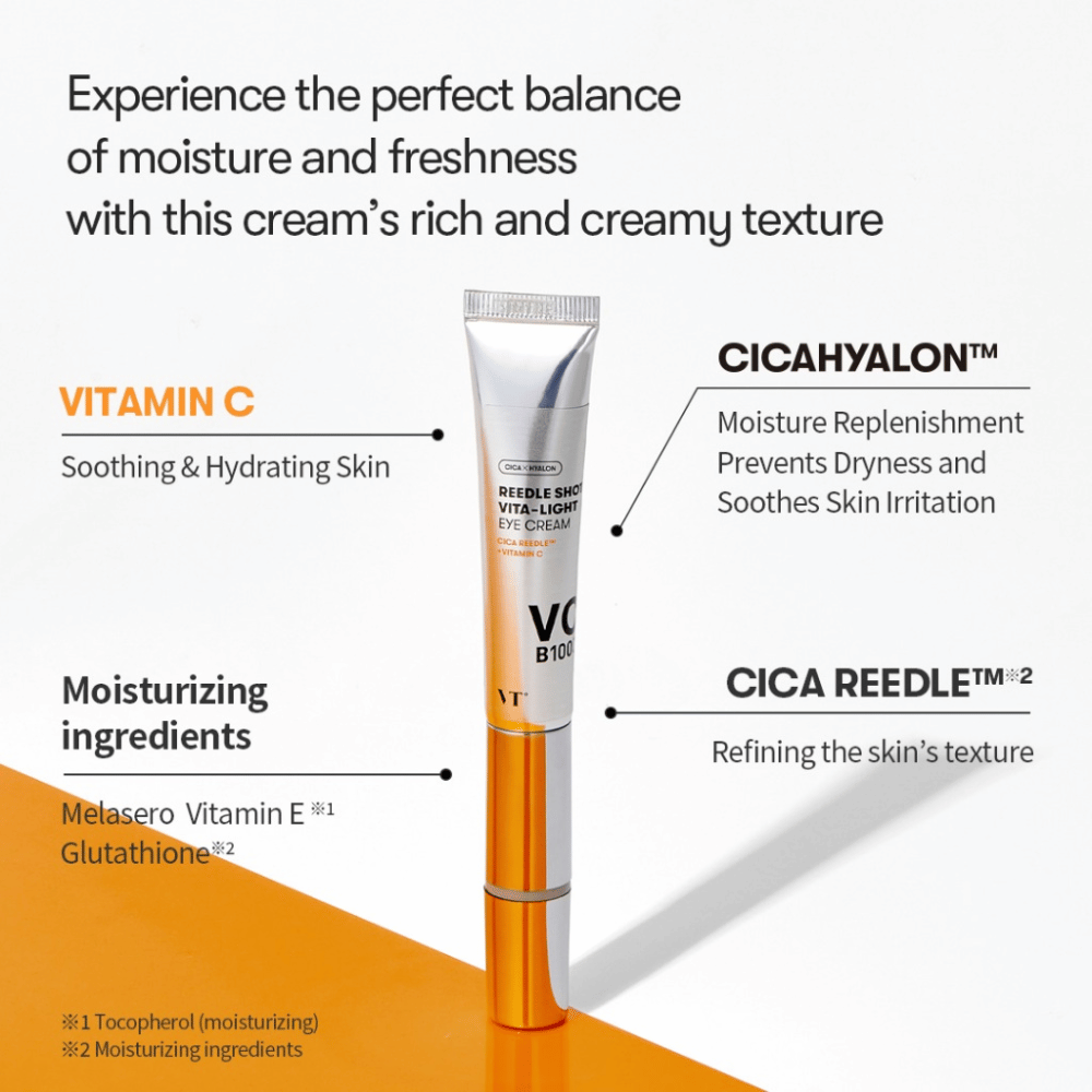 VT Reedle Shot Vita-Light Eye Cream s vitamínom C, E a CICA-komplexom – očný krém v kovovej tube, ktorý hydratuje, upokojuje a zlepšuje štruktúru pokožky.