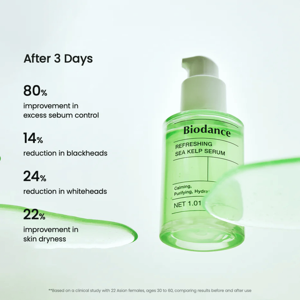 Výsledok po 3 dňoch s Biodance Sea Kelp Serum – znížená produkcia mazu a redukované čierne bodky.