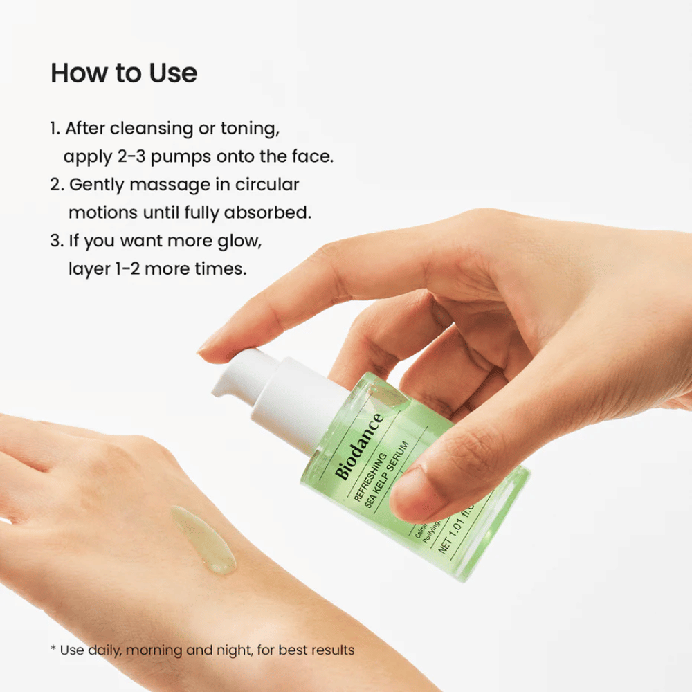 Biodance Refreshing Sea Kelp Serum sa aplikuje na ruku – upokojujúce a regulujúce mazové sérum s morskými riasami.