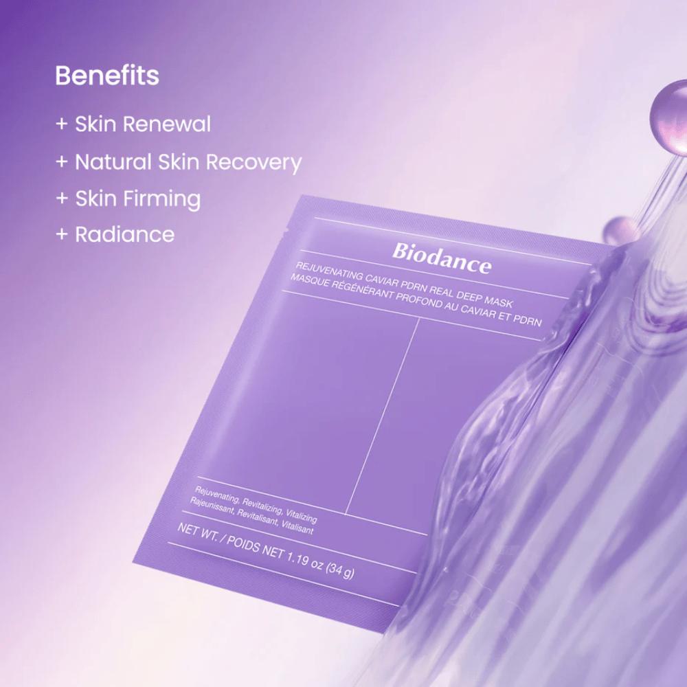 Biodance Rejuvenating Caviar PDRN Real Deep Mask na modelke s prirodzeným leskom a viditeľným žiarením po použití